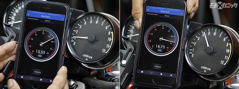 エンジン回転ごとの電圧変化も一目瞭然
