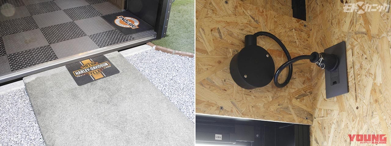 ガレージ内部|親子でハーレー2台を磨き込む、こだわりの専用スペース獲得【デイトナガレージ ロッジ】