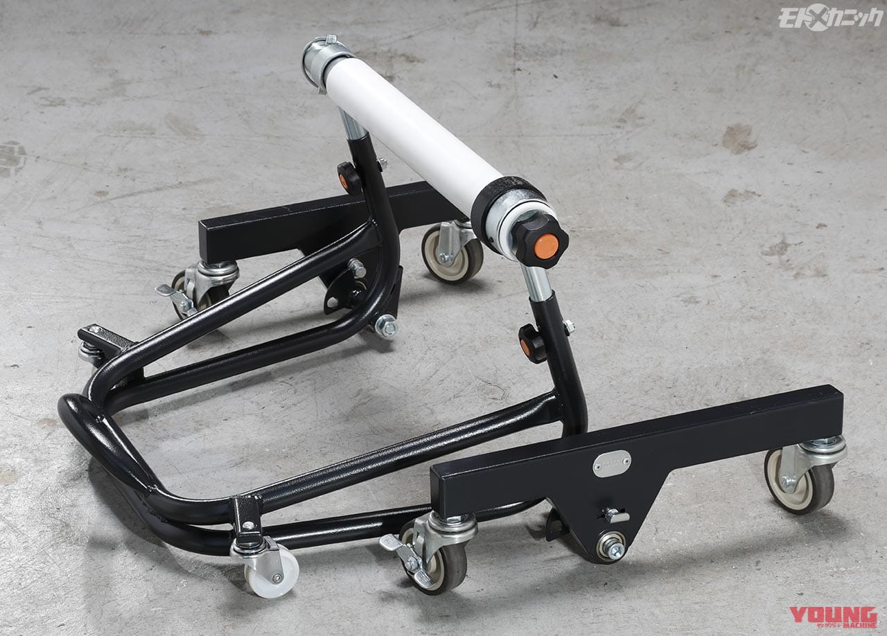 バイクメンテナンススタンド・ガレージレボ|キャスター付きで縦横無尽に押せる画期的なメンテナンススタンド「ガレージレボ」