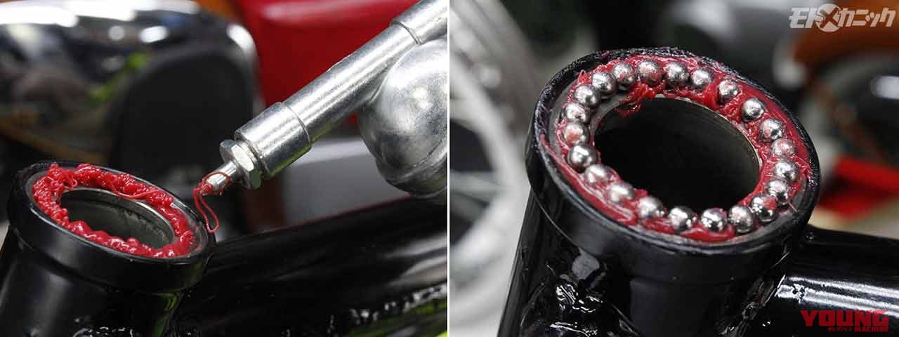 新品ベアリングレースを圧入してグリス塗布|’69ヤマハ トレール250 DT-1をフルレストア〈フレーム&インナーチューブ編〉