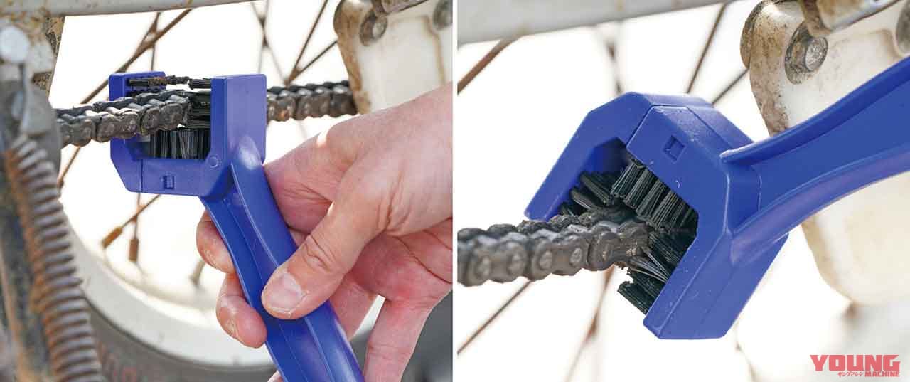 モーションプロ チェーンブラシ|ローラー部とサイドプレートを一度に清掃できるブラシで楽々チェーンメンテナンス