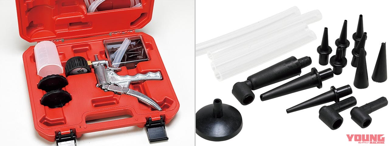 ホースやアダプターなどのオプションパーツが豊富に付属|なにかと気を遣うブレーキフルードの交換を簡単確実に行える便利工具×7選