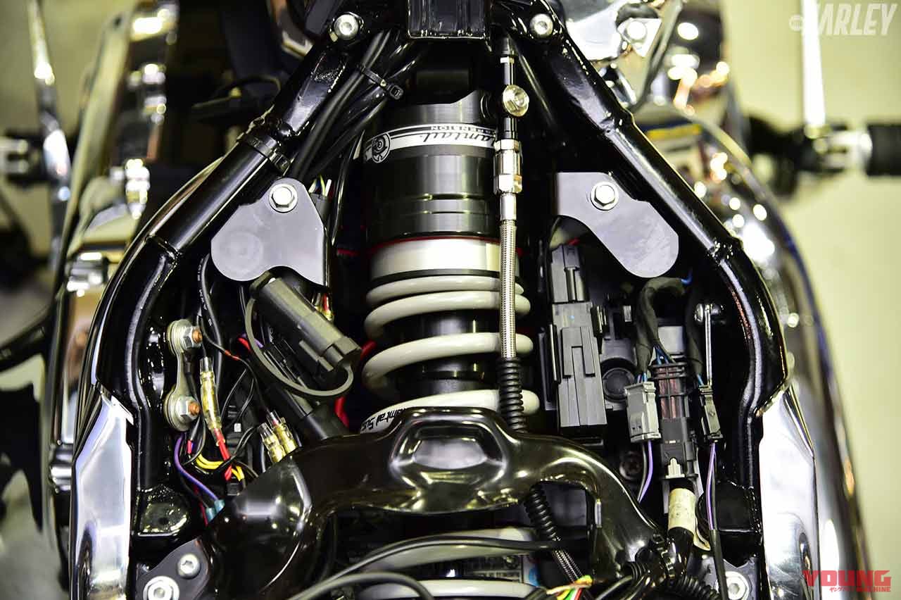 TRIJYA ハイドロミック油圧サスペンション M8ソフテイル用|パインバレー|“あいかつん”こと国友愛佳、パインバレー突撃取材【ハーレー最新パーツ&アイテム一挙紹介】