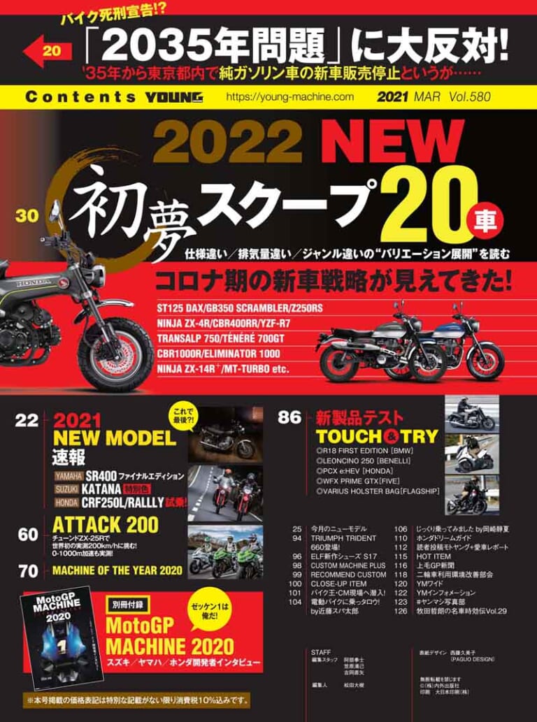 ヤングマシン2021年3月号|ヤングマシン2021年3月号は1/22発売!『初夢スクープ×20車』で2022年モデルを語る!