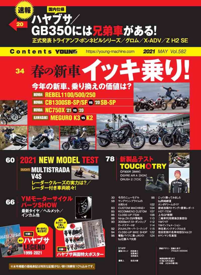 ヤングマシン2021年5月号|ヤングマシン5月号は3/24発売! レブル1100/500/250徹底比較、ダブル付録は隼祭りだ!