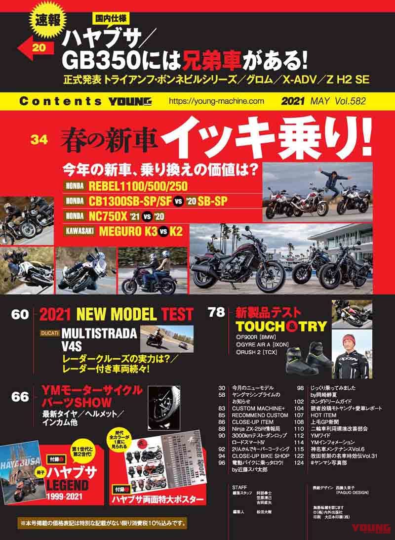 ヤングマシン2021年5月号|ヤングマシン5月号は3/24発売! レブル1100/500/250徹底比較、ダブル付録は隼祭りだ!