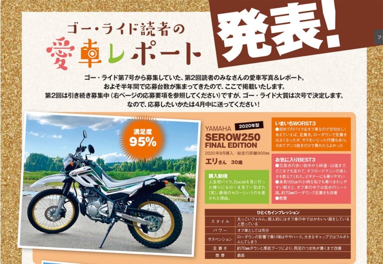 愛車レポート|オフロードマシン ゴー・ライド5月号発売【シン・CRF250L 対 CRF250L〈s〉徹底比較試乗】