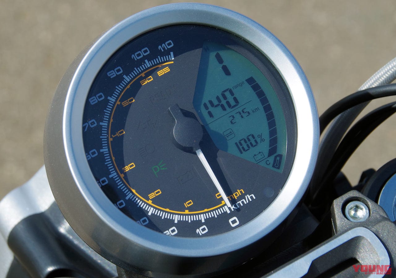 スーパーソコTC MAX|メーター|電動バイク「スーパーソコ TC  MAX」試乗インプレッション【トルクに魅了されるカフェスタイル】