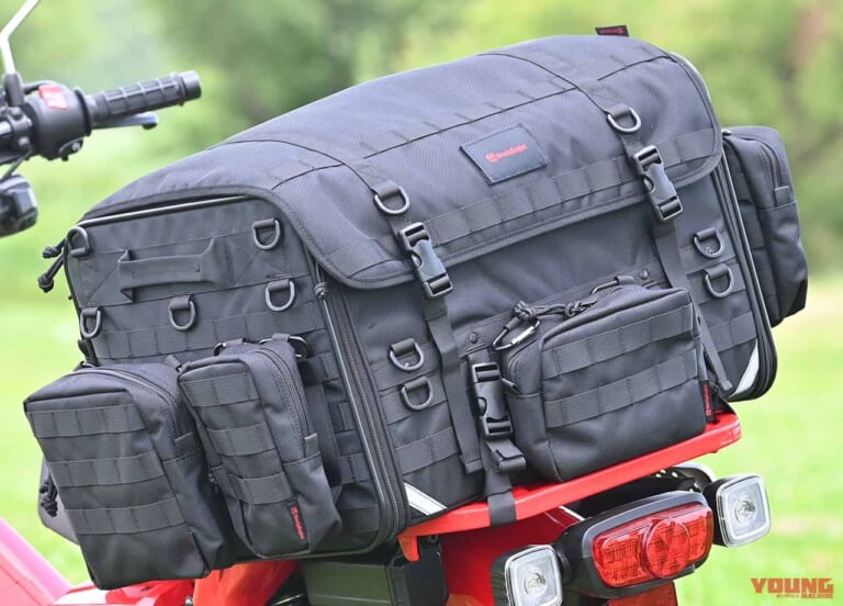 バイクでソロキャンプ|大型シートバッグ|ヘンリービギンズ DH-750C キャンプシートバッグシステム コンプリートセット(ポーチ付き)|“バイクでソロキャンプ”荷物の量を決める大型シートバッグの選び方【初心者は大きいサイズを選ぶべし】