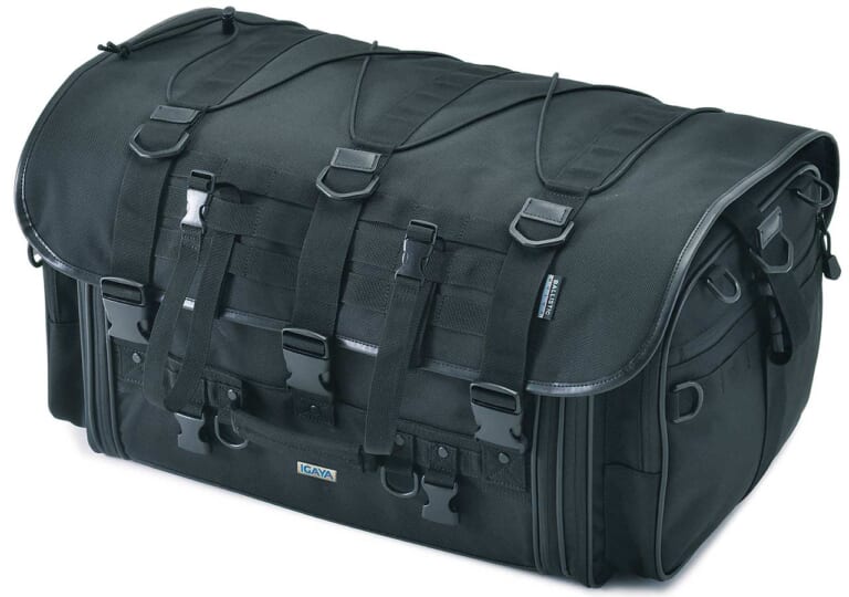 バイクでソロキャンプ|大型シートバッグ|イガヤ キャンプツーリングシートバッグ|“バイクでソロキャンプ”荷物の量を決める大型シートバッグの選び方【初心者は大きいサイズを選ぶべし】