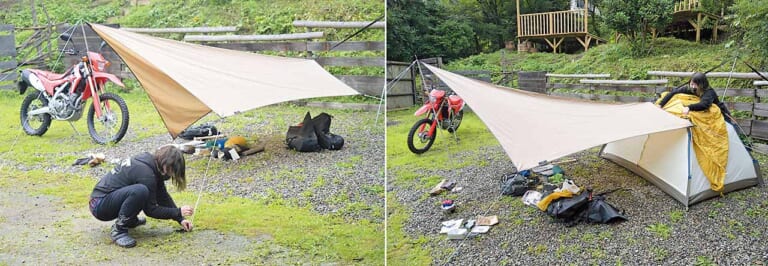 林道キャンプツーリング|タープ|設営|小川張り|ひと粒で2度オイシイ!! 林道キャンプツーリングのススメ〈リコーダートキャンプツーリング|前編〉