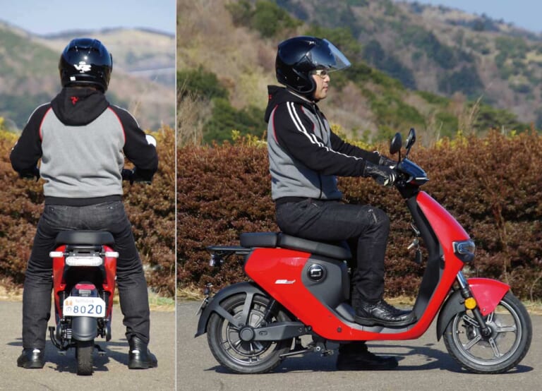 電動バイク|スーパーソコ シーユーミニプラス|ライディングポジション|最新機能厳選・17万円台のチョイ乗り電動バイク「スーパーソコ シーユーミニプラス」試乗インプレッション