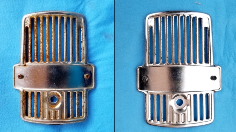 ヤマハ メイト70|サビ取り後|エンブレム|劇的サビ落とし! バイク用サビ取り剤の使い勝手が最高だった【メッキ部品を漬けるだけで手間もなし】