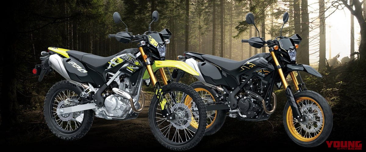 |これが新型Dトラッカーになる!? カワサキ新型「KLX230SM」登場! 鮮やかなKLX230Sも【海外】