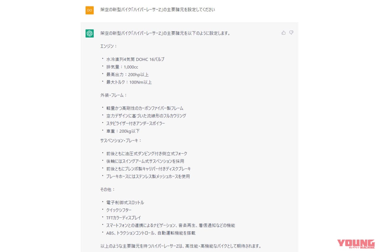 ChatGPT|時速200kmまで数秒……だと!? 絶妙にダサい車名“ハイパーレーサーZ”の実力を見よ!【話題のAIでバイク作ってみた】