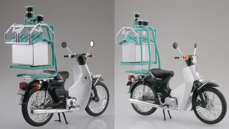 1/12完成品バイク Honda スーパーカブ50 出前機付|「働くバイクの元祖」「出前仕様!」カブの左手のところにレバーがないのはなぜ?