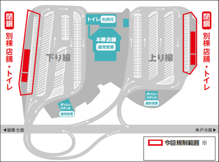 NEXCO西日本|9/1から! E93第二神明道路 明石SA上下線の終日駐車場一部規制/別棟店舗とトイレの閉鎖実施