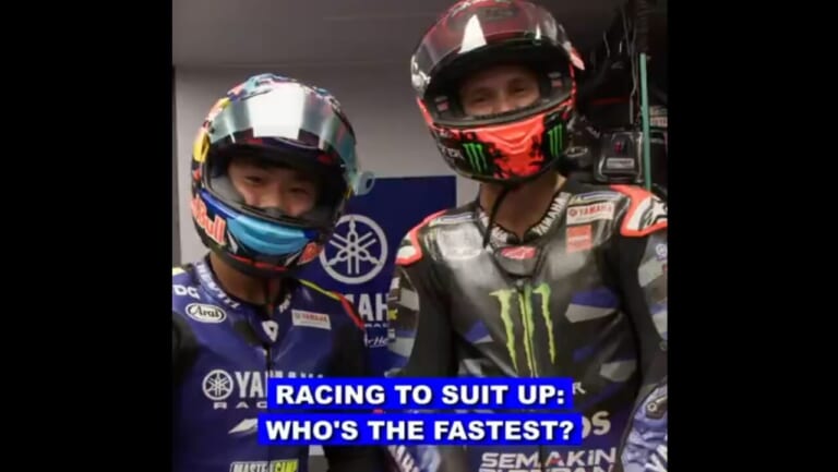 MotoGPライダーは着替えも最速?! ファビオ・クアルタラロと佐々木歩夢がレーシングスーツ早着替え対決!!