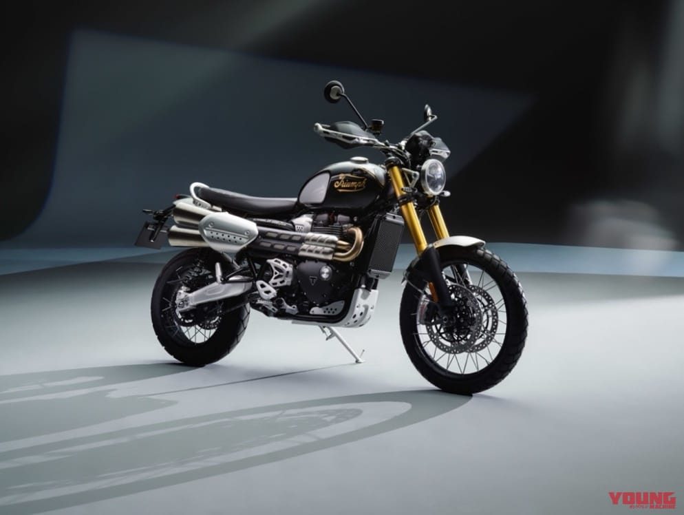 Triumph Scrambler 1200XE |トライアンフのネオクラシックにICON EDITION 7モデルが登場【ゴールド筆記体ロゴのカスタム感!】