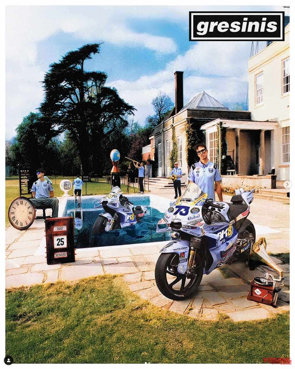 オアシスの『Be Here Now』っぽいジャケット|【MotoGP】SNSで話題沸騰! グレシーニのパロディ投稿がファンを掴む理由:ロック名盤&映画ポスター「絶好調グレシーニレーシング的三面記事」