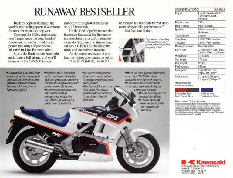カワサキ｜GPZ600R｜欧州仕様｜カワサキの矜持が生んだ隠れた名車「GPZ600R」の魅力【柏 秀樹の昭和～平成 カタログ蔵出しコラム Vol.19】
