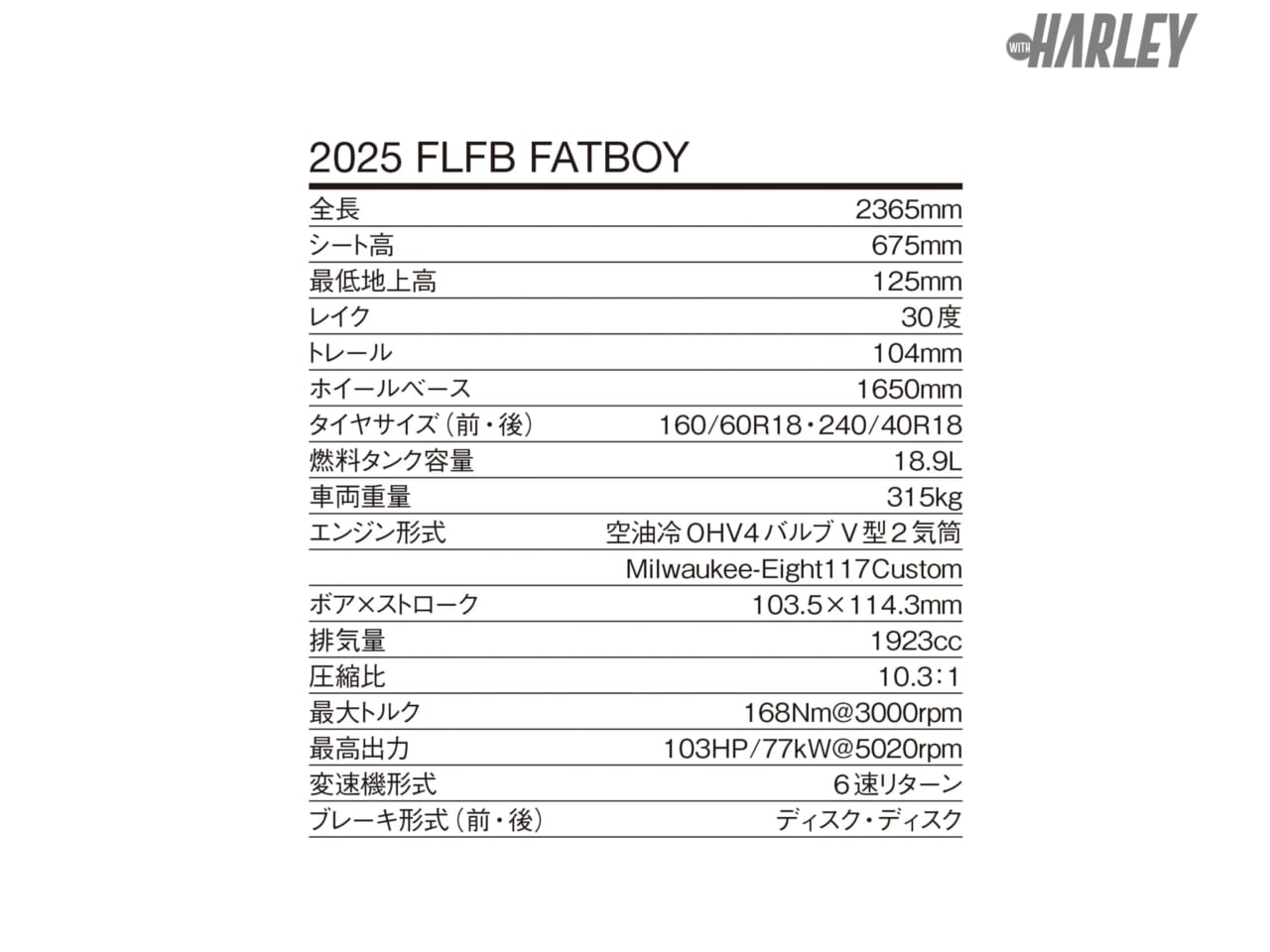 ハーレーダビッドソン｜FLFB｜スペック｜【新型】ハーレーダビッドソン2025 FLFBファットボーイ〈オールカラーラインナップ〉
