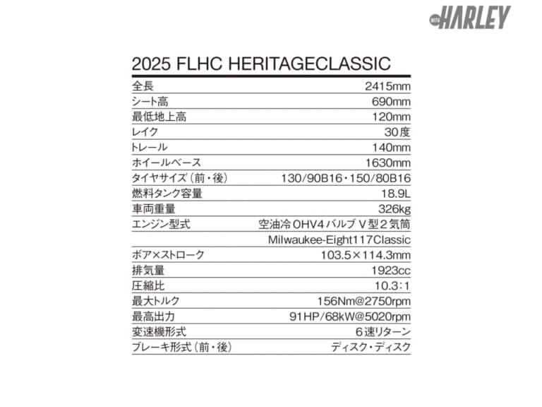 ハーレーダビッドソン｜FLHC｜スペック｜【新型】ハーレーダビッドソン2025 FLHCヘリテイジクラシック〈オールカラーラインナップ〉