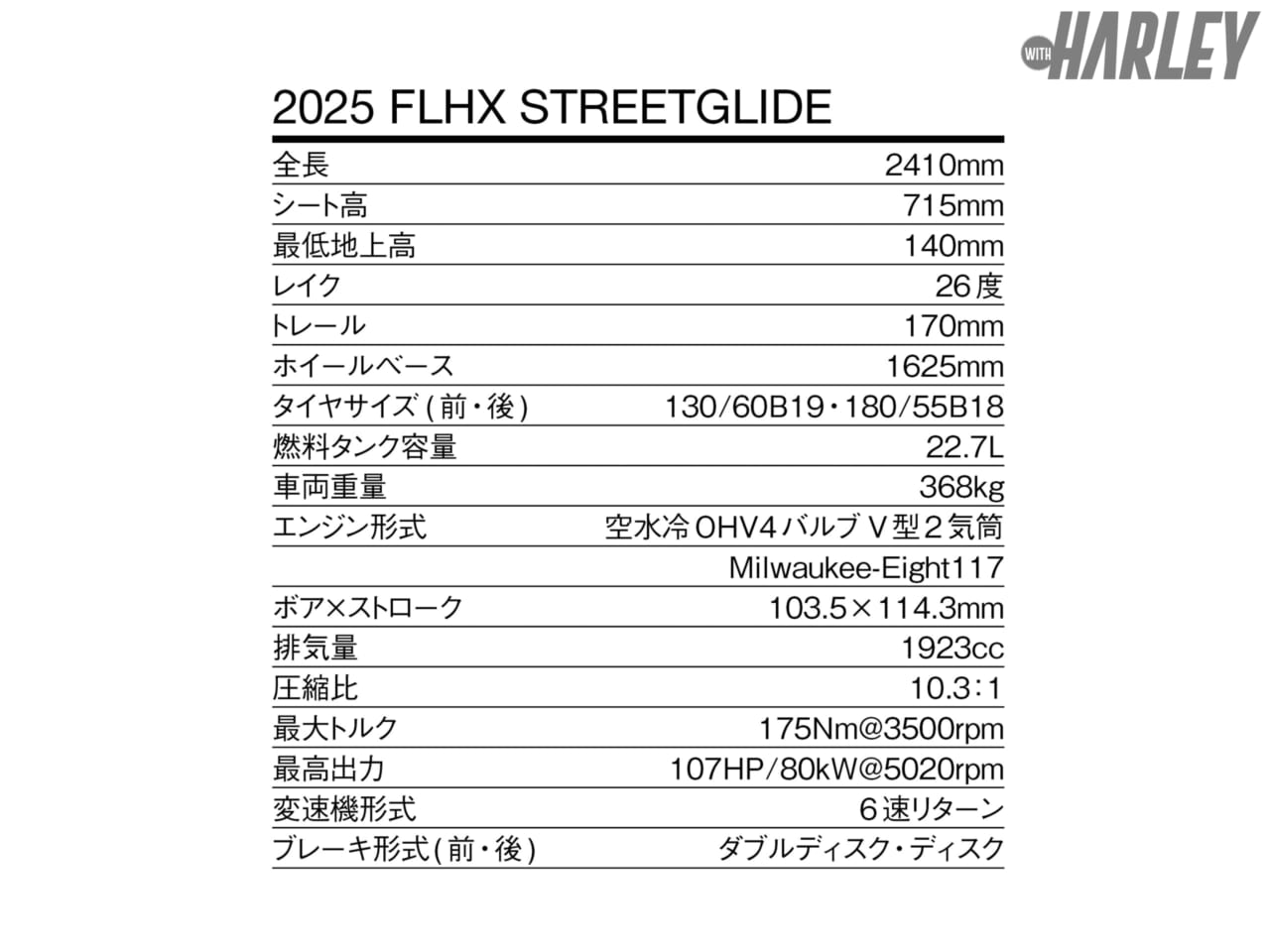 ハーレーダビッドソン｜ストリートグライド｜スペック表｜【新型】2025 ハーレーダビッドソン ストリートグライド〈オールカラーラインナップ〉
