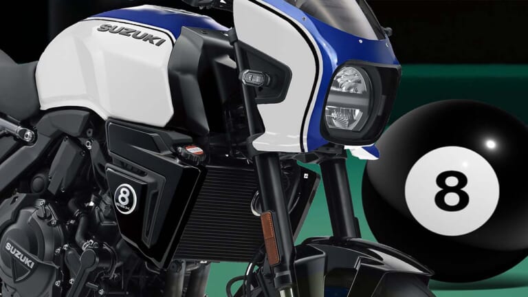 スズキの新型ネオクラシック「GSX-8TT」2027年モデルはクーリー仕様だっ!? 角ばったデザインに青白が映えそう！