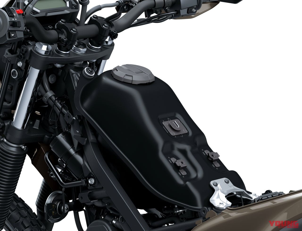 ｜旅する4スト！ カワサキ新型モデル「KLX230 DF」登場、シェルパに後輪チューブレスやエンジンガード、リヤキャリアを追加