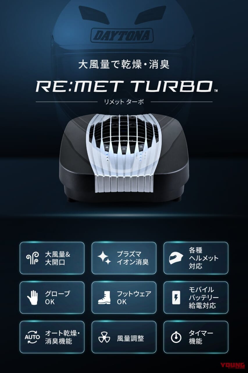 DAYTONA RE:MET TURBO｜デイトナのヘルメット消臭器が超進化! 「RE:MET TURBO」は乾燥力が旧モデルの2.3倍だ!!