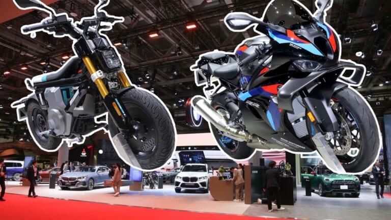 【モビショー】BMWブースは二輪車も注目!! WorldSBKを制したM1000RRと完全電動の次世代モビリティCE02が登場