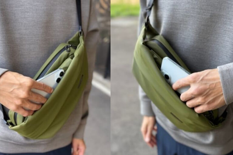 QUICK PACK Traspoにスマートフォンを出し入れしている画像｜「これ神アイテムでは？」「ありそうでなかった…」便利機能を搭載で、防水性能も高くカラバリ豊富。手放せなくなること必至のバッグを紹介！