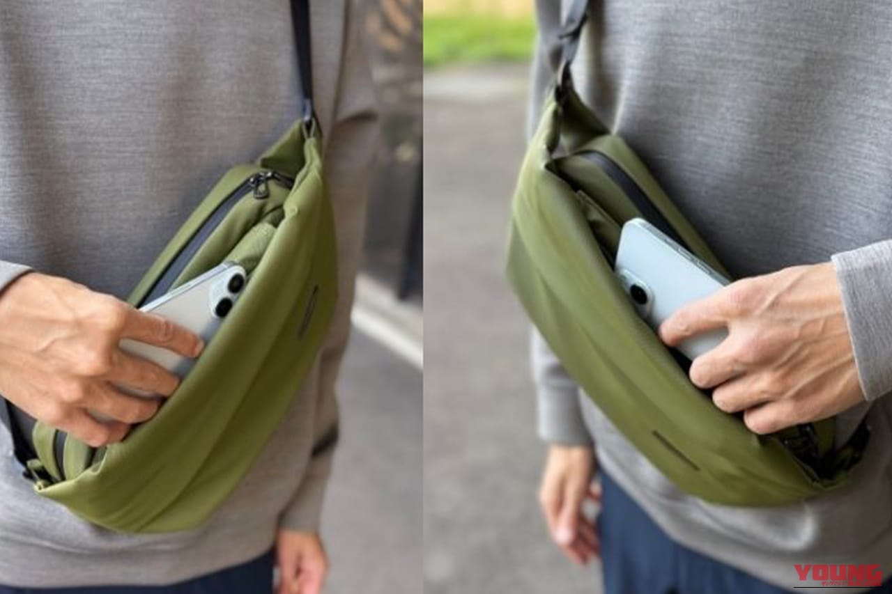 QUICK PACK Traspoにスマートフォンを出し入れしている画像|「これ神アイテムでは?」「ありそうでなかった…」便利機能を搭載で、防水性能も高くカラバリ豊富。手放せなくなること必至のバッグを紹介!