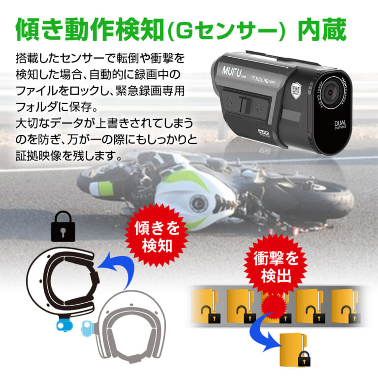 バイク用ドライブレコーダー MF-BDVR001G［MAXWIN］の傾き動作検知センサーの解説｜「コレ、名機では…？」充電式で配線不要で取り付け簡単。GPSとセンサー搭載で自動作動。多機能なのにリーズナブルなMF-BDVR001Gを紹介