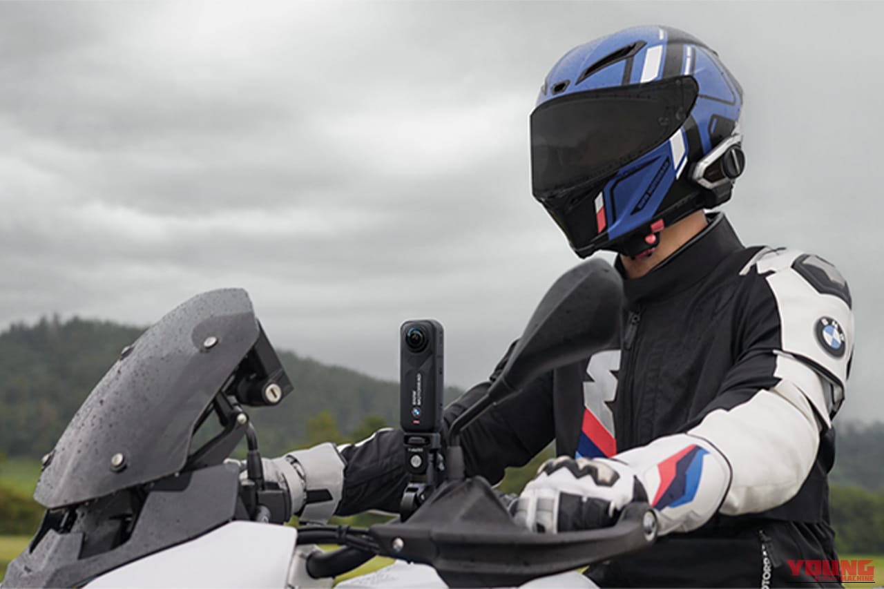 走行中のBMWのバイクに装着された、Insta360 X5 BMW Motorrad版｜「この機能マジで最高…」あらゆる車種に装着可能。走行中でも簡単操作。各種モードをボタン1つで切替。Insta360 X5のBMW Motorrad 版がヤバすぎる！