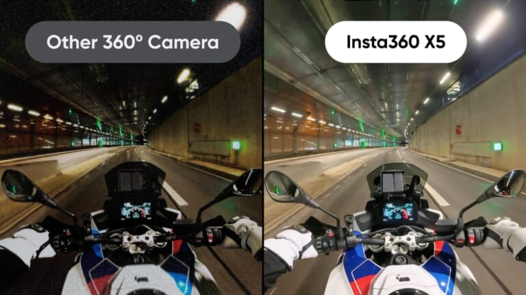 他の360°カメラと、Insta360 X5の、暗所での画質の比較|「この機能マジで最高…」あらゆる車種に装着可能。走行中でも簡単操作。各種モードをボタン1つで切替。Insta360 X5のBMW Motorrad 版がヤバすぎる!