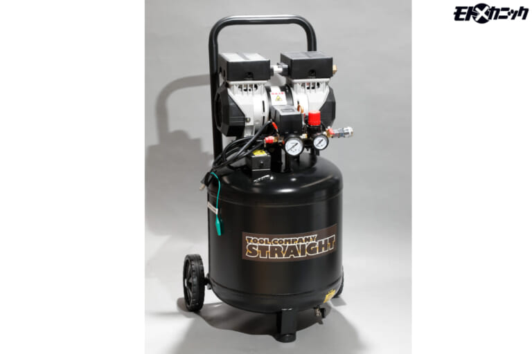 ストレート｜エアーコンプレッサー100V 1馬力 38L 静音オイルレス 縦型 17-60250｜バイクいじり用にガレージにあったら便利な工具×12選＜ストレート＞