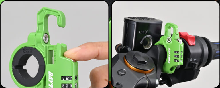 デイトナ スレンダーヘルメットロック ダイヤルタイプ ケーブル付き グリーン ハンドルに装着|「えっ…そこに装着するんだ?」特許出願中の革新的なアイテム登場。取り付け簡単!6色展開で幅広い車種に対応するギアを紹介
