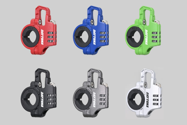 スレンダーヘルメットロック ダイヤルタイプ ケーブル付き［デイトナ］ カラーバリエーション レッド・ブルー・グリーン・ブラック・グレー・シルバー｜「えっ…そこに装着するんだ？」特許出願中の革新的なアイテム登場。取り付け簡単！6色展開で幅広い車種に対応するギアを紹介
