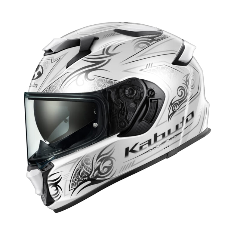 Kabuto KAMUI-5 NOTRA (Pearl White / BLACK)｜アンダー5万円で「涼しくて眩しくない」夏にぴったりなフルフェイス。Kabuto『KAMUI-5』の新グラフィックが6月発売へ