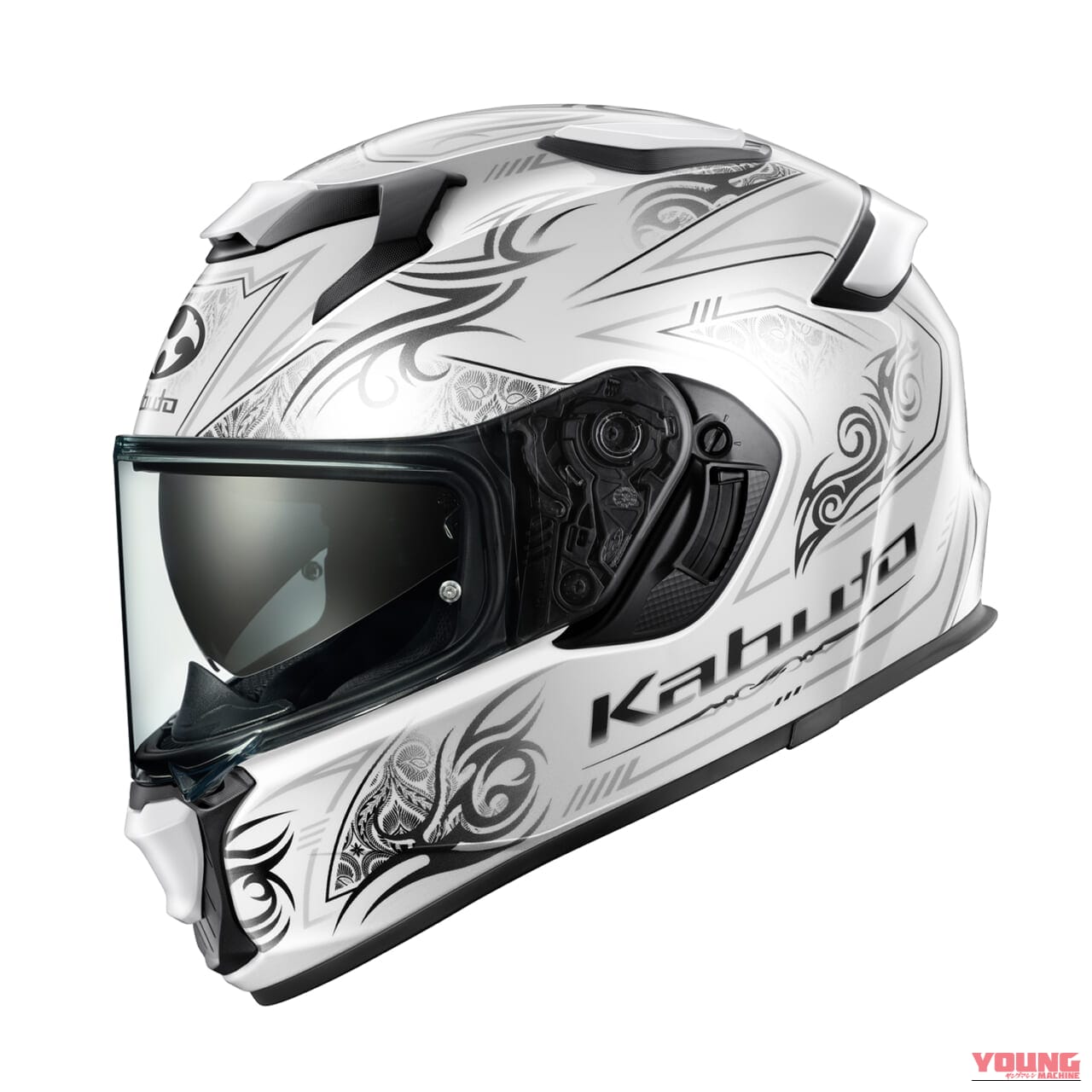 Kabuto KAMUI-5 NOTRA (Pearl White / BLACK)｜アンダー5万円で「涼しくて眩しくない」夏にぴったりなフルフェイス。Kabuto『KAMUI-5』の新グラフィックが6月発売へ