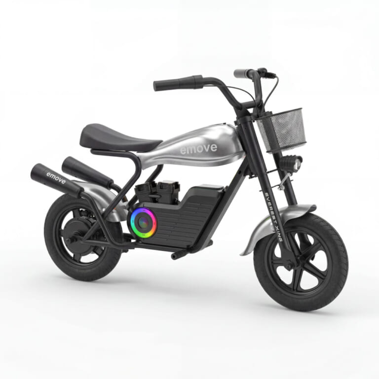 EVEREST XING emove 電動ミニバイク シルバー｜「これスゴい…まるで本物」子供から大人まで楽しめるミニバイクが登場！3色展開と斬新なデザインが印象的！ コスパ最高の「emove」を紹介