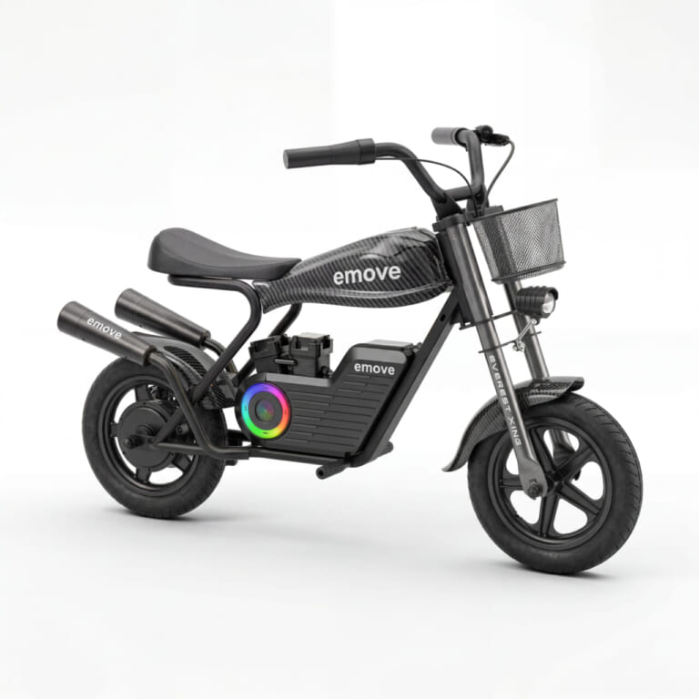 EVEREST XING emove 電動ミニバイク 新色 ブラック|「これスゴい…まるで本物」子供から大人まで楽しめるミニバイクが登場!3色展開と斬新なデザインが印象的! コスパ最高の「emove」を紹介