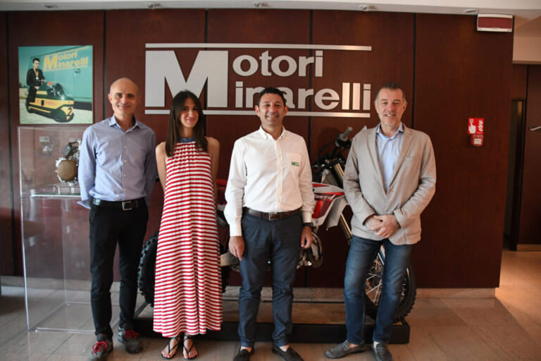 左からAlessandro Barbieri (Minarelli Plant Manager) / Chiara Punzo (Minarelli Marketing Manager) Ermanno Ventura (Minarelli Sales Manager) / Andrea Benatti (Fantic Export Manager)|モータリスト｜【FANTIC】モータリスト代表に聞いた「ミナレッリ」ってどんな会社!?