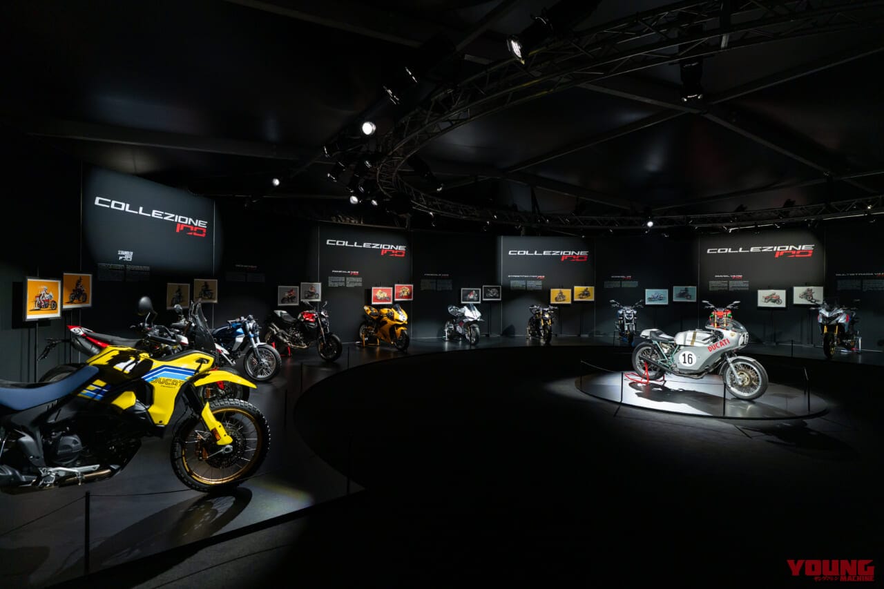 最新ドゥカティにヒストリックモデルのカラーリングをあしらった特別仕様車の展示には、往年の名車750イモラも展示された。(写真提供:ドゥカティ)|来場12万人、パレードは驚異の18km!ドゥカティ100周年記念の『WDW2026』が史上最高のド迫力【マルケス、バニャイア、ストーナーも】