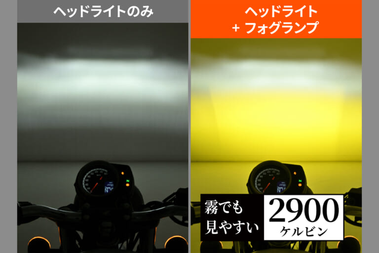 バイクのヘッドライトのみ点灯させた場合と、ヘッドライトとフォグランプを併用した場合の、明るさの違いを比較した写真｜「スイッチONで明らかに違いを感じる…」あらゆる車種に取付OK。コンパクトボディながら1700ルーメンで視界を確保する［デイトナ・LEDフォグランプユニット プレシャスレイ スモール］