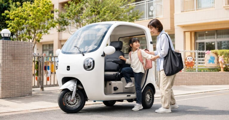 【69万円〜】家庭用コンセントで手軽に充電。普通免許でOK、車検・車庫証明ナシ！ お子さんの送迎に。街乗り最強の“3人乗りEV”が爆売れ中！