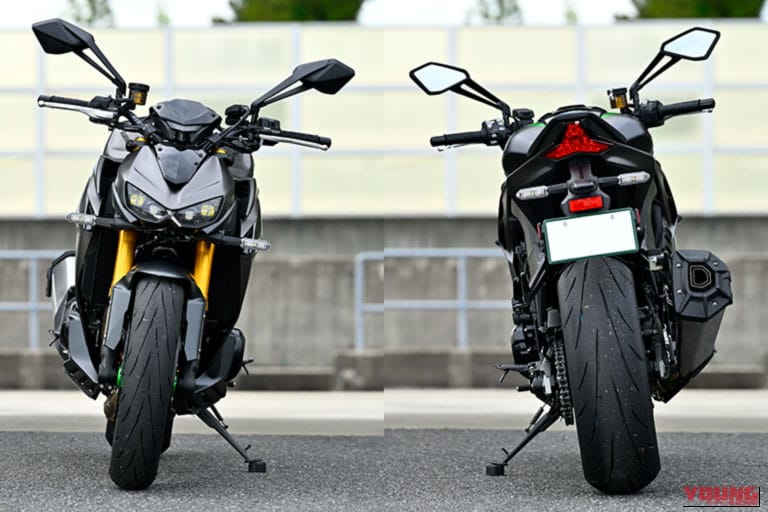Kawasaki Z1100 SEが2台並んでおり、左がフロント、右がリアを見せている｜「相応に頑張ってもまだ余裕…」「かなり走れるネイキッド」スゴみがあふれるスタイルが印象的。カワサキのスーパーネイキッド「Z1100 SE」に試乗