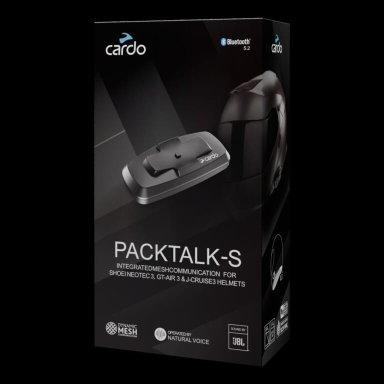 CARDO PACKTALK-S|SHOEIの3種ヘルメットに完全一体化。最大15人のメッシュ通信とJBLサウンドをシームレスに内蔵した、カルドの新型インカム「PACKTALK-S」が登場